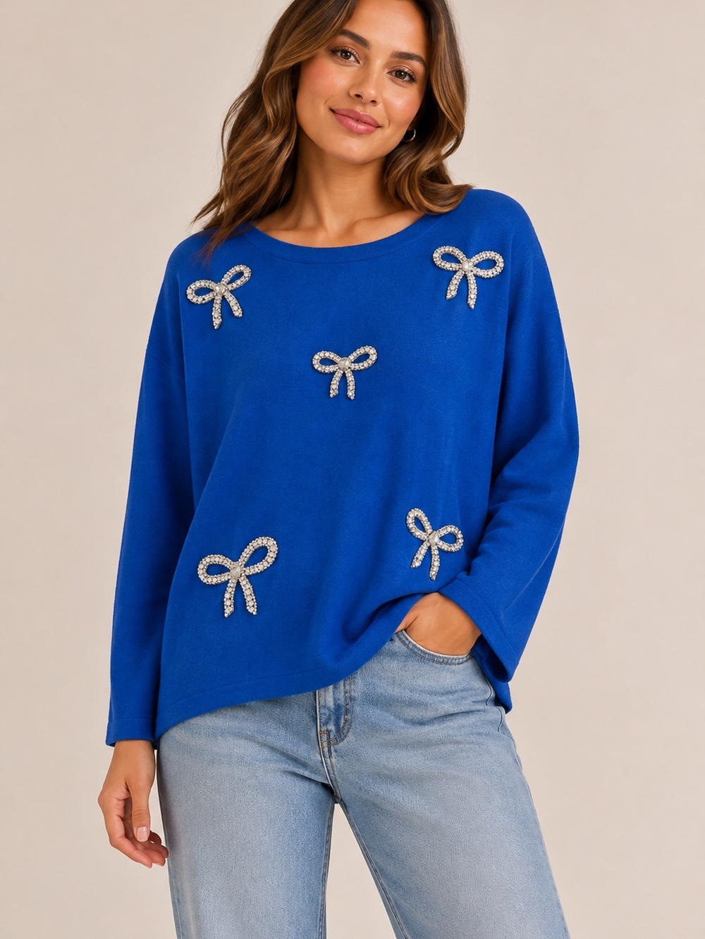 Blue Embellished Bow Sweater for Women